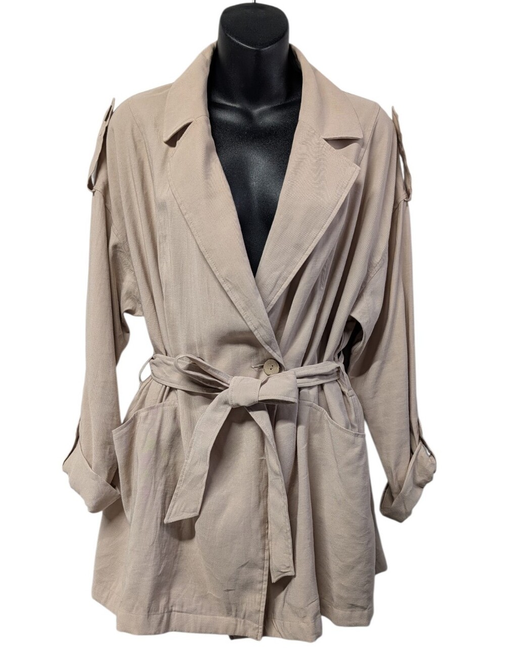 Divided H&M Women's Beige Belted Tie Trench Coat Jacket Size M Collared Pockets